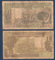 500 Francs CFA, 1989 A, Cote D' Ivoire, B.21, A 822108, Oberthur, P#_06, Banque Centrale États De L'Afrique De L'Ouest - États D'Afrique De L'Ouest