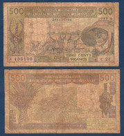 500 Francs CFA, 1989 A, Cote D' Ivoire, C.21, A 435106, Oberthur, P#_06, Banque Centrale États De L'Afrique De L'Ouest - Stati Dell'Africa Occidentale