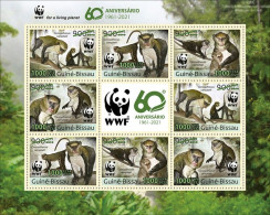 Guinea Bissau 2021, WWF, Monkey, Overp. Green, 8val In Sheetlet - Unused Stamps