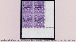 Ireland 1922-23 Thom Saorstát 3-line Overprint In Blue-black On 3d Violet, Corner Marginal Block Of 4 Mint Unmounted - Nuovi