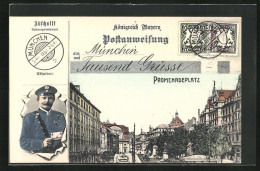 AK München, Promenadenplatz Mit Denkmal, Postbote Mit Brief Durch Zerrissenes Papier  - Postal Services