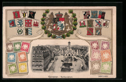 Präge-AK Kempten, Rathausplatz, Briefmarken Und Wappen  - Stamps (pictures)