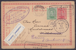 EP CP 10c Rouge (N°138) + N°137 Flam. ANTWERPEN /24 VI 1921 Pour WILLEBROECK - Man. "Terug Antwerpen" & [REBUT / ONBESTE - Postkarten 1909-1934