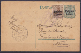 CP Postkarte Germania 5pf Vert Surch. 5c + OC1 Càd Relais De Guerre (rare !) "*FORVILLE* /4 X 1916" Pour NAMUR - Cachet  - Occupazione Tedesca