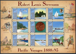 Marshall 190 Sheet,MNH. Robert Louis Stevenson, Pacific Voyages, 1988. Ship,Bird - Marshall Islands