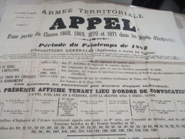 Militaria Affiche Originale 56 X 90 Cm Appel Conscrits Classes 1868/1869/1870/1871 BELLEMARE 1882 En L'état - Documents