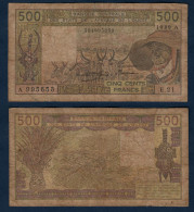 500 Francs CFA, 1989 A, Cote D' Ivoire, E.21, A 995653, Oberthur, P#_06, Banque Centrale États De L'Afrique De L'Ouest - Westafrikanischer Staaten