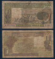 500 Francs CFA, 1989 A, Cote D' Ivoire, F.20, A 843991, Oberthur, P#_06, Banque Centrale États De L'Afrique De L'Ouest - Stati Dell'Africa Occidentale