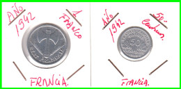FRANCIA MONEDAS - 50 CENTIMOS Y DE 1 FRANCO DEL AÑO 1942 - COMPOSICIÓN ALUMINIO - 1 Franc