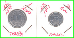 FRANCIA MONEDAS - 50 CENTIMOS Y DE 1 FRANCO DEL AÑO 1947 - COMPOSICIÓN ALUMINIO - 1 Franc