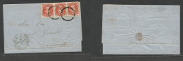 CHILE. 1870 (July 8) Serena - Valparaiso. EL With Text Fkd 5c Orange Horiz Strip Of Three, Tied "rings" (xxx/R) Blue Cds - Cile