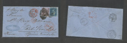 BRAZIL. 1869 (10 March) RJ - France, Port Vendres (6 Apr) Fkd Env GB 2d Blue + 6d Lilac Large Corner Letters Surfaced Pr - Other & Unclassified