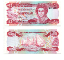 Bahamas Central Bank 3 Dollars 1974 (1984) QEII P-44 Allen Signature UNC - Bahamas