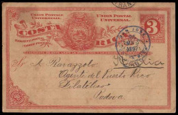 COSTA RICA. 1897(23 May). San Jose To Italy. 3c Red Stat.card With Blue Cancel + French Transit. - Costa Rica