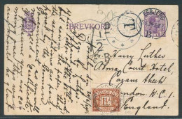 DENMARK. 1924 (25 June). Esbjerg - UK. 15o Violet Stat Card + Taxed + 1 1/2d P Due GB (D 12) Tied. VF Item. Scarce Comb  - Sonstige & Ohne Zuordnung