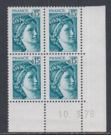 France N° 1966 Type Sabine : 15 C. Vert-bleu  En Bloc De 4 Coin Daté  Du  10 . 3 . 78 ; Sans Trait, Sans Charnière, TB - 1970-1979