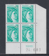 France N° 1967 Type Sabine : 20 C. émeraude  En Bloc De 4 Coin Daté  Du  24 . 6 . 81 ;  2  Traits, Sans Charnière, TB - 1970-1979