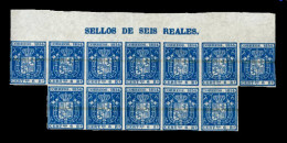 E-ISABEL II. 27*. 1854. Escudo De España. 6rs Azul. Excepcional Bloque De 12 Ejemplares, Parte Central De La Hoja Nuestr - Autres & Non Classés