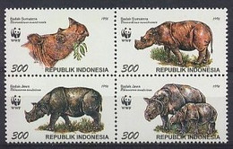 Indonesië / Indonesia 1996 Nr 1723/1726 Postfris/MNH Wereld Natuur Fonds, WNF, Neushoorns, Rhinocéros, Rhinoceroses - Indonesië