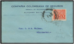 COLOMBIA. 1925 (12 June). Bucanaranga - UK / Manchester. Fkd Env 1c Red Litho As Pm / Fine + Cork Comb. Fine. - Colombie