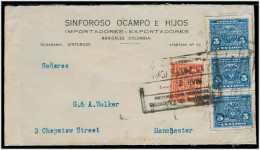COLOMBIA. 1925. Manizales - UK / Manchester. Env Fkd 1c + 3c X3 Litho Issues. VF. - Colombie