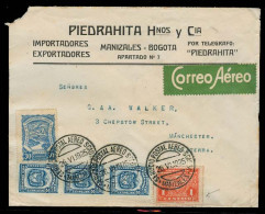 COLOMBIA. 1926 (26 June). Manizales - UK / Manchester. Air Fkd Env Mixed 3 Issues Incl 1c Red Litho Plate VF + Rare. - Colombie