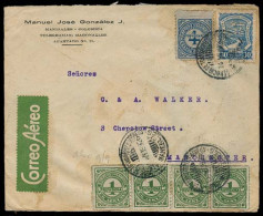 COLOMBIA. 1926. Manizales - UK. Mixed Multiple Fkd Env. Provisional 1c (x4), 4c + Colombia. Airmail 30c + Label. VF. - Colombia
