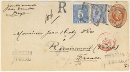 DUTCH INDIES. 1898. Tegal To Remiremont/France. Registered 10c Brown King Stationery With Adtl. 5c And 20c Blue Queen W. - Indonesië