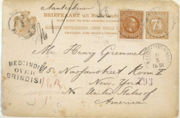 DUTCH INDIES. 1891. 7½c Brown On Buff Stationery Card Used To New York And Up-rated With 1870 10c Perf 12½ (Sc 9), Tied  - Indonesië