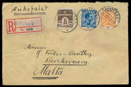 DENMARK. 1926. Hellbaek - MALTA. Registr Tricolor Fkd Env. Via Milano + Arrival Ds. VF. - Sonstige & Ohne Zuordnung