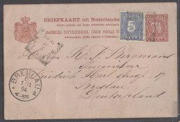 DUTCH INDIES. 1894 (7 Oct). Tegul - Germany, Breslau (1 Nov). 7 1/2c Red Stat Card 5c Blue Adtl Stamp Cds. Fine. - Indonesië