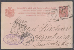 DUTCH INDIES. 1896 (27 Aug). Soekaboemi - Germany, Hamburg (7 Sept). 7 1/2c Red Stat Card. Via Weltevreden. VF Nicely Ca - Indonesië