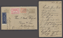 DUTCH INDIES. 1931 (14 May). Palembang - Switzerland. 7 1/2c Grey Stat Card + 2 Adtls. Airmail. VF Comp Usage Air Label. - Indonesia