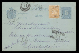 DUTCH INDIES. 1893 (3 Jan). Dramaga - Netherlands. 5c Blue Stat Card + 2 1/2c Adtl Cds. Routing Mark "Ned Indies Via Mar - Indonesia