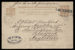 DUTCH INDIES. 1890 (7 May). Goendih - Samarang - UK / Bradford. 7 1/2c Brown Stat Card. Oval Name Town Cachet. Fine. Via - Indonesia