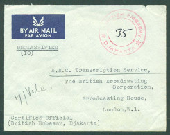 DUTCH INDIES. 1959 (11 May). Djakarta - UK. British Embassy Diplomatic Mail. Air Env. VF. Arrival Cds Cachet. - Indonesia