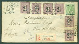 DUTCH INDIES. 1903 (5 June). Weltevreden - Germany (5 July). Reg 20c Ovptd Stat Env + 6 Adtls 2 1/2c Ovptd Issue. VF App - Indonesia