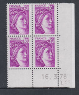 France N° 1969a  Sabine : 50 C. Violet Gomme Tropicale En Bloc De 4 Coin Daté  Du  16 . 3 . 78 ; Ss Trait, Ss Ch., TB - 1970-1979