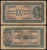 JUGOSLAWIEN - YUGOSLAVIA -  100 Dinara Banknote (1944) Pick 53 F- (4-) Used  - Yugoslavia