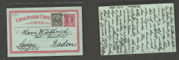 CHILE - Stationery. 1916 (6 Aug) Valdivia - Switzerland, Baden. 2c Red Stat Card + 8c Adtl, Tied Cds. Fine Used. - Chile