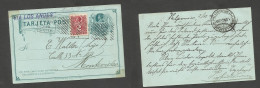 CHILE - Stationery. 1899 (2 Nov) Valp - Montevideo, Uruguay Via Los Andes, 1c Green Stat Card + 2c Red Perce Adtl, Tied  - Chile