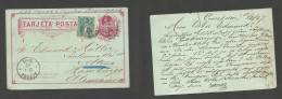 CHILE - Stationery. 1887 (12 March) Concepcion - Germany, Hamburg (21 Apr) 2c Red Stat Card + 1c Green Perce Adtl, Tied  - Chile