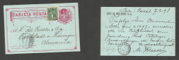 CHILE - Stationery. 1898 (7 Febr) Corral - Germany, Rudolfstadt (20 March) 2c Red Stat Card + 1c Green Perce, Tied Cds. - Chile