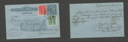 CHILE - Stationery. 1908 (16 July) Valp - Germany, Hamburg (21 Sept) 3c Blue Illustr Stat Card + 2 Adtls, Large Cds. Fin - Chile