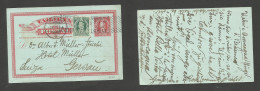CHILE - Stationery. 1903 (7 Jan) Stgo - Switzerland, Gersan (3 Feb) 2c Red Stat Card + 1c Green Adtl, Tied Box Ds Grill. - Chile