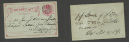 CHILE - Stationery. 1888 (26 Dec) REPLY Half. Proper Usage Back. Arica - Stgo (1 Jan 1889) 2c Red Stat Card. - Chile