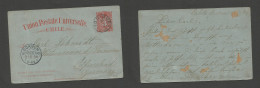 CHILE - Stationery. 1896 (22 March) Caleta Buena - Germany, Dorrum (2 May) Via Iquique (30 March) 3c Red / Bluish Stat C - Chile