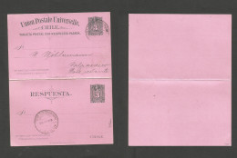 CHILE - Stationery. 1900 (9 Dec) Valp Local Poste Restante Usage. Doble 3c Blue / Pink Stat Card. Scarce. - Cile