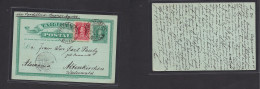 CHILE - Stationery. 1905 (18 Apr) Valp - Germany, Alterkirchen (17 May) 1c Green Stat Card + 2c Red Adtls Via Cordillera - Chile