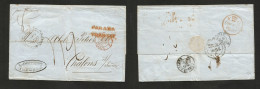 CHILE. 1854 (30 Dec) Valp - France, Chalms (26 Febr) Via BPO Valp - London Stampless EL With Text. Red Panama + Mns Char - Cile